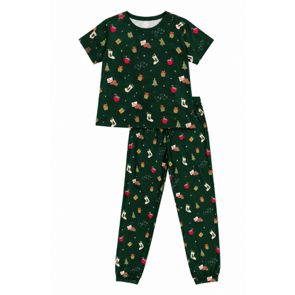 Night Before X-Mas adult bamboo pajama set, short sleeved top and trousers