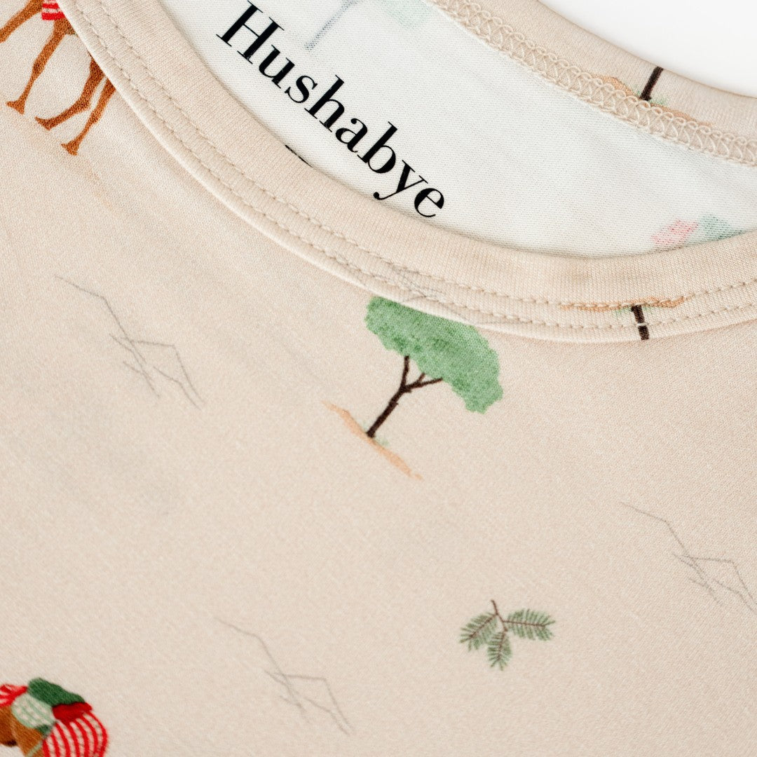 Hushabye camel bamboo rayon pajamas for kids with a playful safari print. OEKO-TEX certified, breathable, and stretchy.