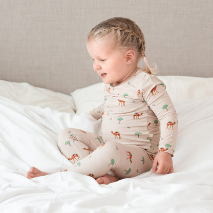 Hushabye camel print bamboo pajamas for toddlers. Soft, breathable, and stretchy sleepwear.