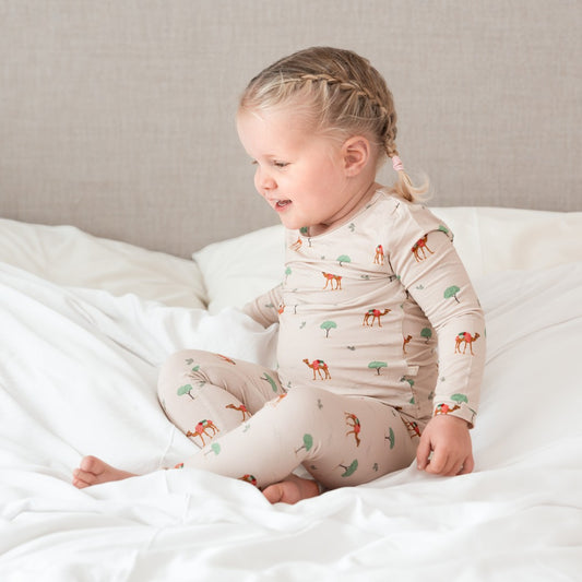 Hushabye camel print bamboo pajamas for toddlers. Soft, breathable, and stretchy sleepwear.
